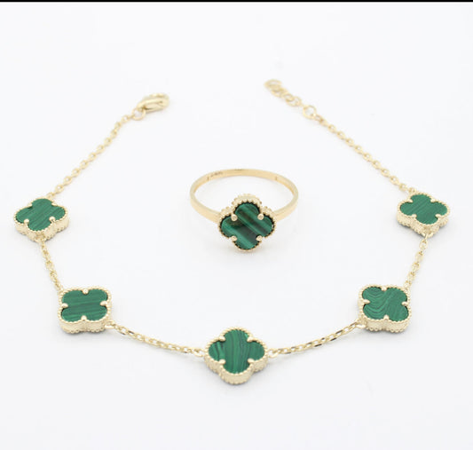 14K Small Green Clover Fancy Bracelet +Ring Set